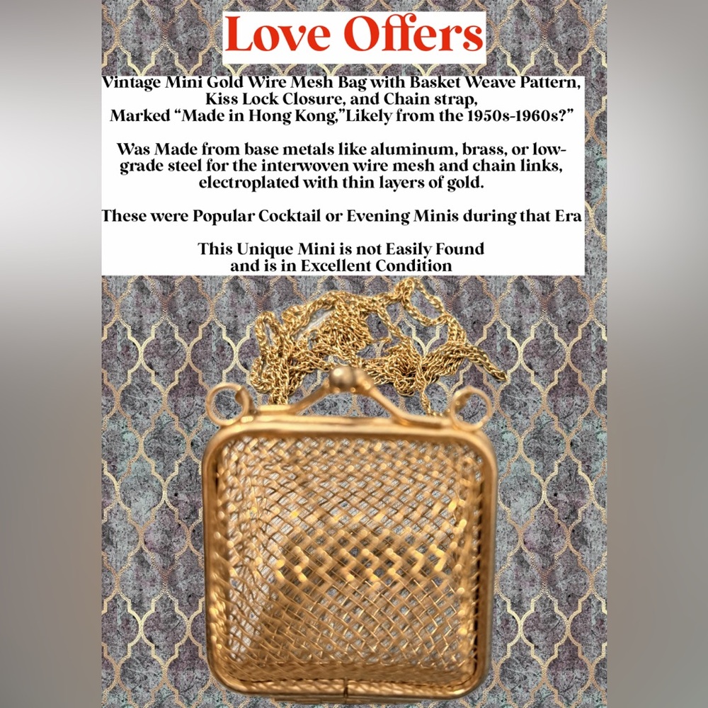 VTG Mini Gold Wire Mesh Bag w/ Basket Weave Pattern Kiss Lock Closure Excel Cond
